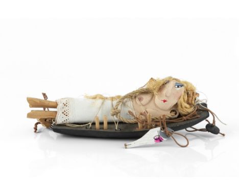 John Maltby (b.1936) Reclining nude, 1980 mixed media, wood and ceramic  signed and dated 25.5cm across.