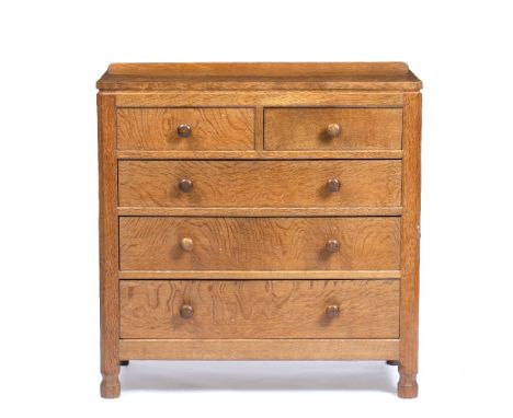 Robert Thompson of Kilburn (1876-1955)  Mouseman chest of drawers oak, adzed top carved mouse signature  92cm high, 91cm wide