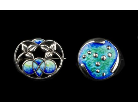 James Fenton &amp; Co. Arts &amp; Crafts silver and enamel panel brooch heightened with graduated green and blue enamel signe