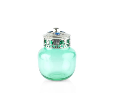 Archibald Knox (1864-1933) for Liberty &amp; Co. Tudric biscuit barrel pewter mounts with three enamel roundels, green glass 