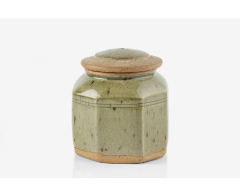 Richard Batterham (b.1936) Jar and cover octagonal form with celadon glaze 12.5cm high.