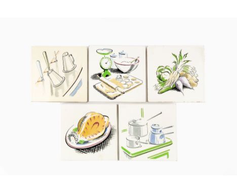 Alfred Read (1898-1973) for Poole Set of five 'Kitchen' design tiles, first designed in 1923 impressed marks 15cm x 15cm (5).