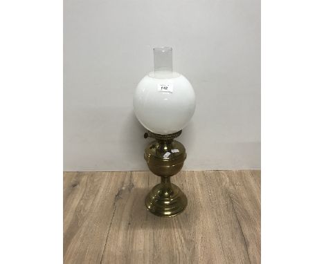 BRASS OIL LAMP WITH WHITE OPAQUE SHADE CHIMNEY