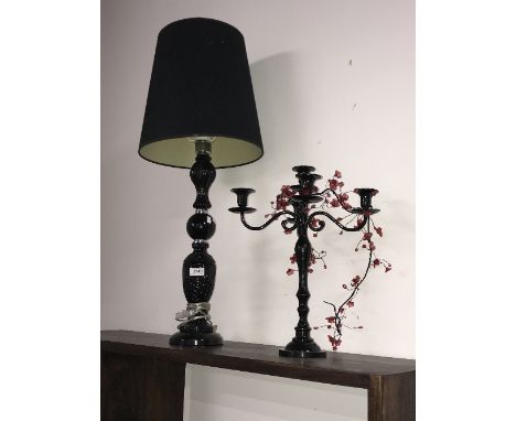 TALL BLACK GLASS TABLE LAMP SHADE BLACK CAST IRON CANDELABRA