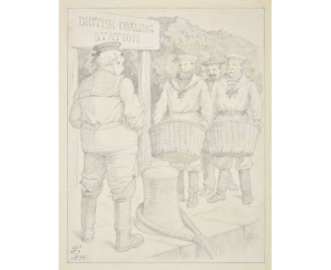 Tenniel (John, 1820-1914). On the "Quay Vive"!, 1898, pencil on paper, depicting foreign sailors queuing up with baskets in f