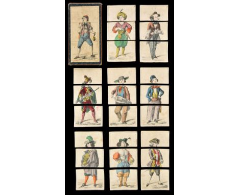 Transformation Game. Metamorphosis costume cards, n.p., circa 1840s, 28 (of 30) hand-coloured etched cards, forming ten diffe