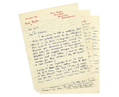 Blyton (Enid, 1897-1968). Autograph letter signed, 'Enid Blyton', Enid Blyton Green Hedges letterhead, 15 November 1952, to [
