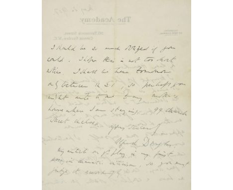 Douglas (Lord Alfred Bruce, 1870-1945). Autograph letter signed, 'Alfred Douglas', letterhead of The Academy, Covent Garden, 