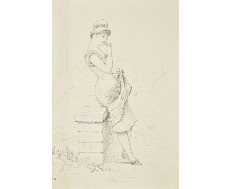 Greenaway ( Kate , 1846-1901). A drawing of a young lady, pen &amp; ink with traces of pencil, showing a girl in a bonnet hol