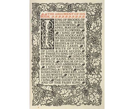 Kelmscott Press. Poems Chosen out of the Works of Robert Herrick, Kelmscott Press, 1895, elaborate wood-engraved title and bo