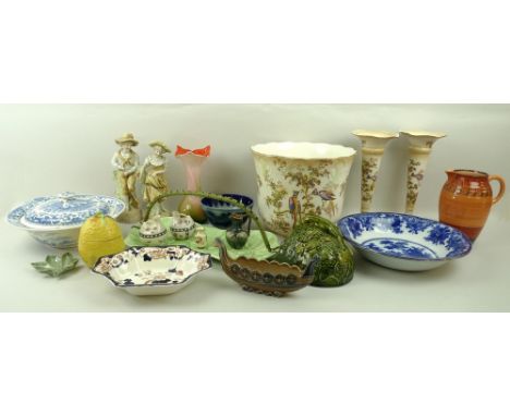 A group of ceramics including a Shelley 1930's jug,16cm, a pair of Ducal vases with frill rims, 23cm, a matching jardiniere, 