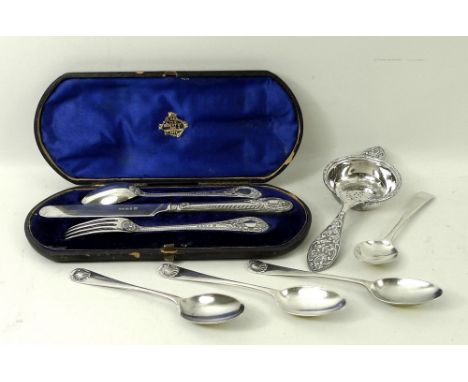 A group of silver items, comprising an Edwardian silver knife, fork and spoon set, Richard Martin & Ebenezer Hall, London 193