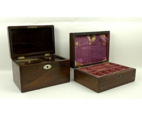 A rosewood tea caddy with a mother of pearl oval inset, interior compartment lids with mother of pearl handles, with key, 24 
