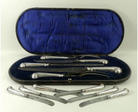 A silver and steel five piece game carving set, silver pistol handles, George Howson, Sheffield 1902, and a matching set of s