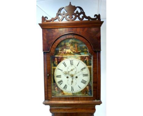 A late 19th century Scottish mahogany long case clock, eight day twin train movement striking on bell, the domed face painted