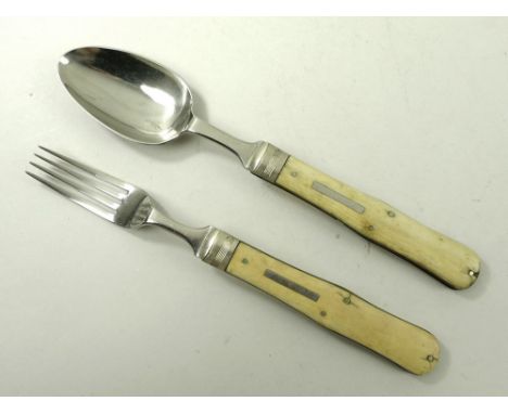 A part set of 19th century campaign cutlery with slotted ivory handles, comprising fork and spoon, marked WH & S for William 