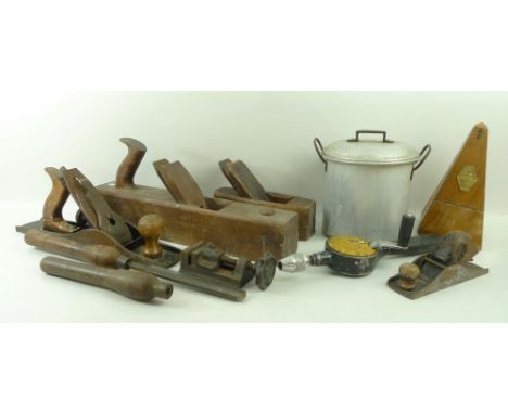 A group of collectables comprising a metronome, wood working planes, drill, and chisel. (15)