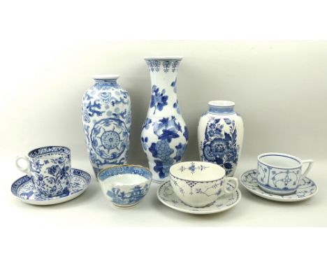 A collection of blue and white ceramics comprising a Jage coffee set of five coffee cans and saucers, and a bonbon dish, two 