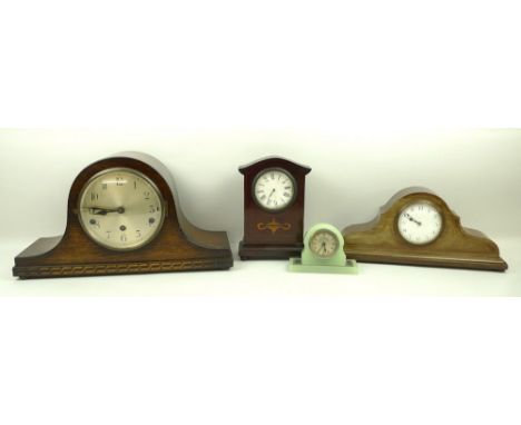 A group of four clocks, comprising a 1930's oak cased mantel clock, with Westminster chimes, 42 by 15 by 23cm, an Edwardian m