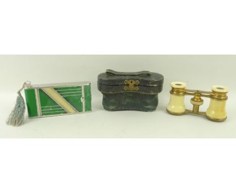 An Art Deco enamel powder compact in the form of a camera, and a pair of ivory opera glasses. (2)