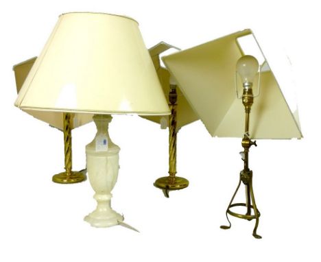 A Victorian brass articulated lamp base converted to a table lamp, 40cm, with cream shade, a pair of modern brass effect tabl