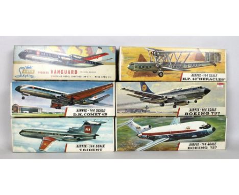Airfix 1/144 scale models Series B, 1963 DH Comet 4B, a Boeing 727 Series B, HP 42 Heracles Series B, and a Sky King Vickers 