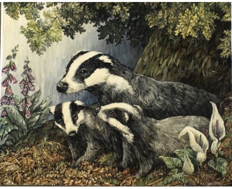Rita Whitaker RMS, SM: a study of three badgers, hand painted enamel on copper, signed lower right, 20 by 25cm.