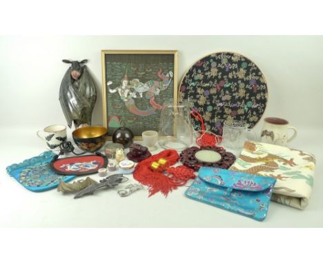 A collection items with bat decoration and typical Chinese bat motifs, including a resin and glass plaque with red tassels, r