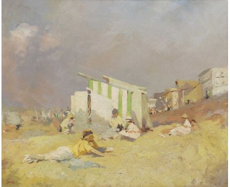 C... James (20th century)Figures on a beach with bathing tentssigned 'C James' l.l., oil on canvas50.5 x 61cmCondition Report