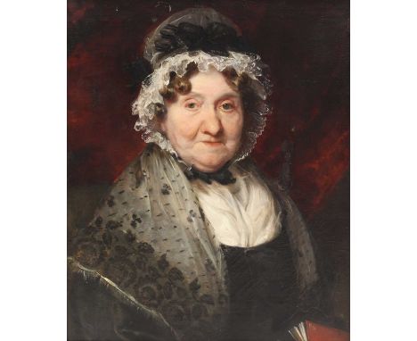 English School, c.1840Portrait of a lady, bust-length in a black dress, with lace bonnet and shawloil on canvas61 x 51cm