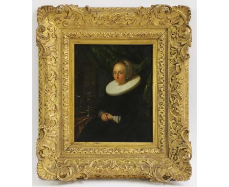 Follower of Pieter Cornelisz. van Slingelandt Portrait of a lady, three-quarter-length seated, in a black dress and white ruf