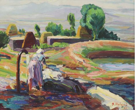 Grigori Azizyan (Armenian, 1923-2003)Washing daysigned and dated '60' l.r., oil on canvas44.5 x 54cmCondition Reportoverall: 