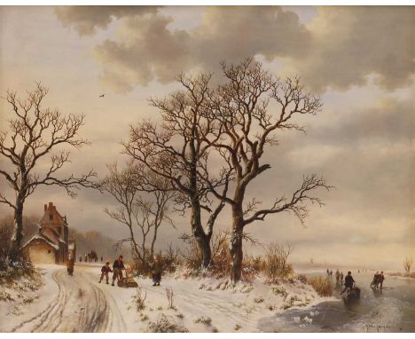 ▴ Wouter Janssen (Dutch, b.1946)A winter landscape with skaters and figures with sleighssigned 'Wouter Janssen' l.r., oil on 