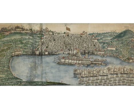 English School, 18th centuryThe battle of Algeciras, Spaininscribed 'Arjel', pen and ink and watercolour43 x 90cmIn July 1801