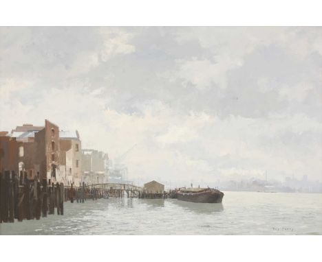 ▴ Roy Perry (1935-1993)Old wharfs at Rotherhithesigned 'Roy Perry' l.r., oil on board61.5 x 91cmCondition Reportoverall: 73 x
