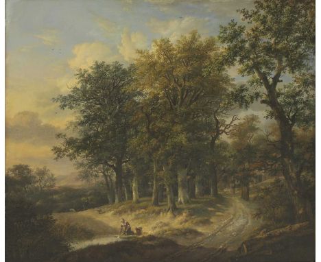 Marinus Adrianus Koekkoek (Dutch, 1807-1868/70)A woman washing clothes in a pool beside a wooded pathsigned 'M A Koekkoek' l.