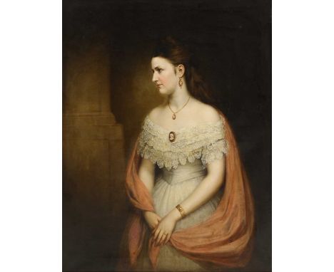 Circle of James Sant (1820-1916)Portrait of Emma Louisa Church, née Gould, three-quarter-length, in a white dress with lace c