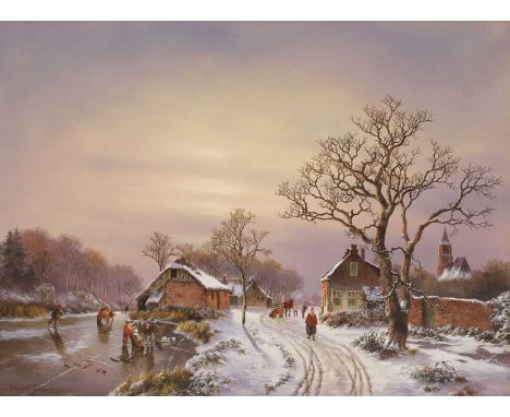 ▴ Wouter Janssen (Dutch, b.1946)A winter landscape with skaters on a frozen riversigned 'Wouter Janssen' l.l., oil on canvas4