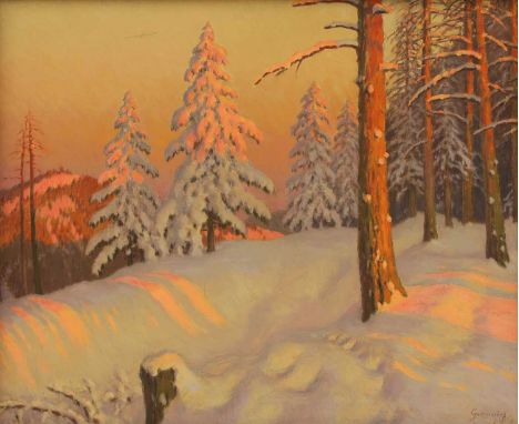 Michail Markianovic Guermacheff (1867-1930)A snowy hillside at sunsetsigned 'Guermacheff' l.r., oil on canvas46.5 x 56cmCondi
