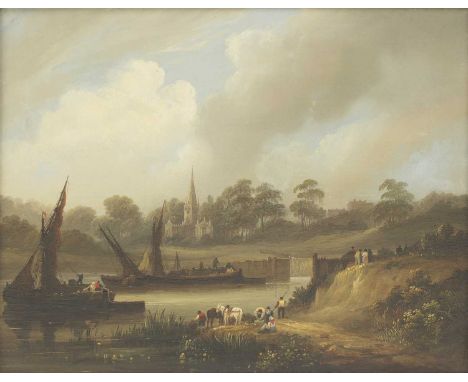 Frederick Calvert (c.1785-c.1845)Figures and barges by a lock, a church beyondoil on canvas36 x 44.5cmCondition ReportThe can