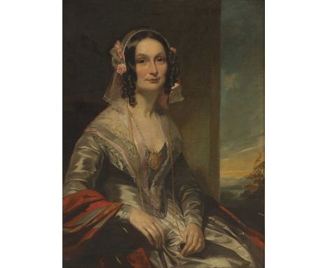 Circle of George Richmond (1809-1896)Portrait of a lady, three-quarter-length seated, in a silver dress and a crimson shawl w