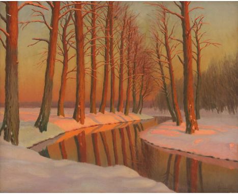 Michail Markianovic Guermacheff (1867-1930)Snow along a riverbank at sunsetsigned 'Guermacheff' l.r., oil on canvas46.5 x 55c