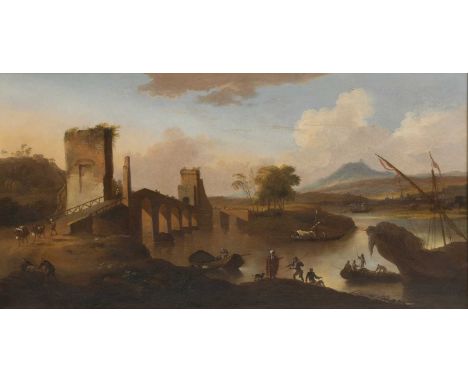 Circle of Adriaen van Diest (Dutch, 1655-1704)A river landscape with a fortified bridge, figures and boats in the foregroundo
