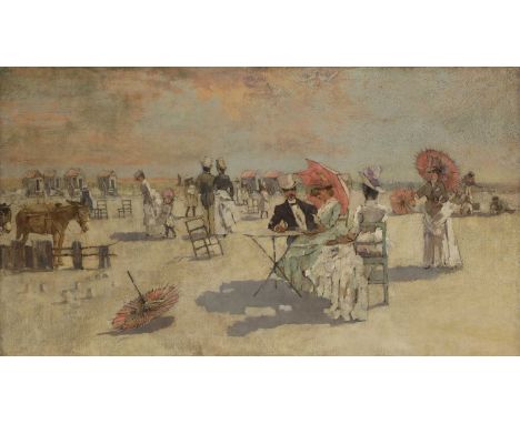 French School, late 19th centuryFashionable figures with bathing machines and donkeys on a beachoil on canvas61 x 107cmProven