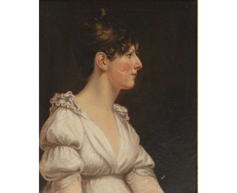 Circle of Samuel Woodforde (1763-1817)Portrait of a lady, bust-length in profile, in a white dressoil on canvas61 x 51cmCondi