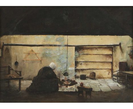 Follower of Helene SchjerfbeckA figure making tea over an open fireoil on canvas30.5 x 41cmProvenance: Auktionsverk, Stockhol
