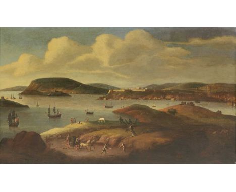 Circle of Adriaen van Diest (1655/56-1704)View of Plymouth with shipping in the Sound, figures and a horse-drawn coach in the