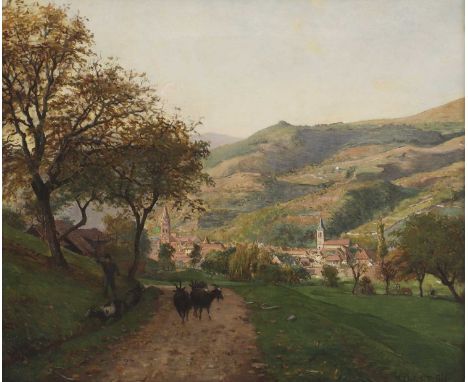 François Millet (French, 1851-1917)A mountain village with goats in the foregroundsigned 'F. Millet, Flis' l.r., oil on canva