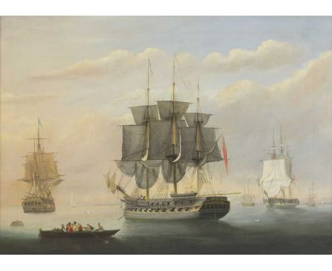 Attributed to John Ralston (1789-1833)Men-of-war anchored off the coast, figures in a rowing boat in the foregroundoil on can