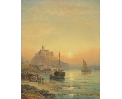 William Anslow Thornley (fl.1858-1898)St Michael's Mount at sunset;A bonfire on the beach, figures waiting for the catcha pai